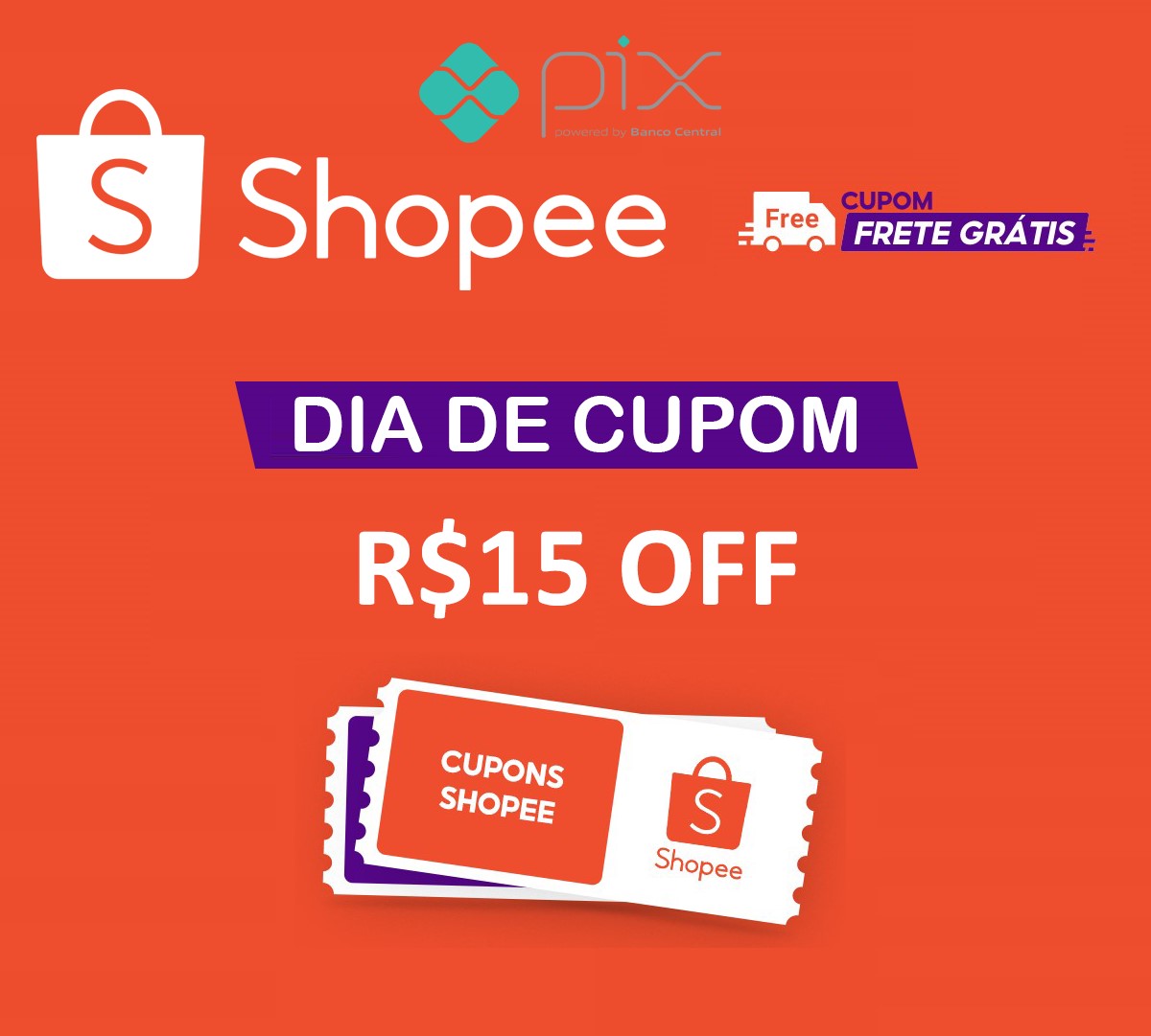 Shopee dia de cupom R$15 OFF com frete gratis pagando no Pix ou cartao