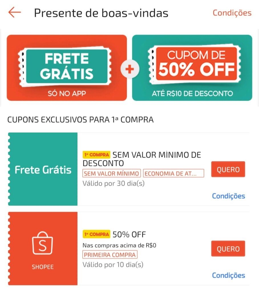 Cupom primeira compra Shopee 50% OFF mais codigo de frete gratis exclusivo