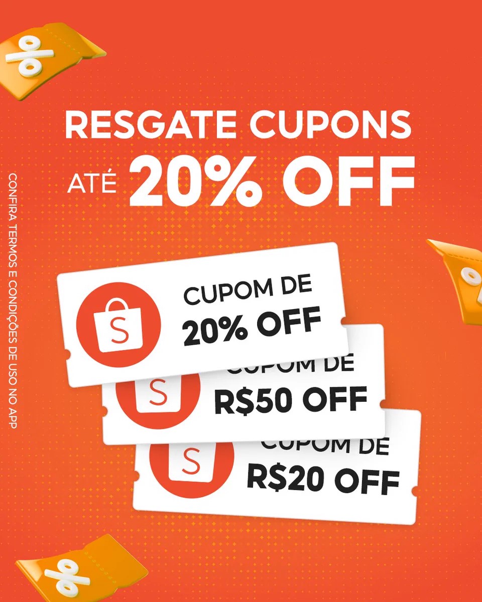Resgate cupons ate 20% OFF na Shopee com R$50 OFF e R$20 OFF acumulaveis